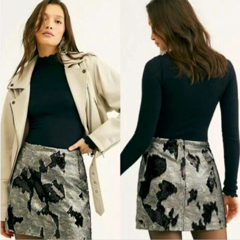 Free People FP One Camo Black Sequin Mini Skirt size 4